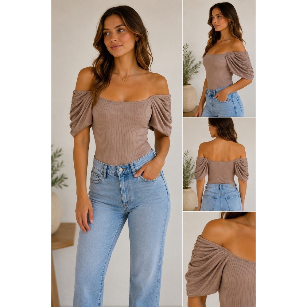 Charlotte Avery Ribbed Puff Sleeve Bodysuit Taupe Beige Square Neck M